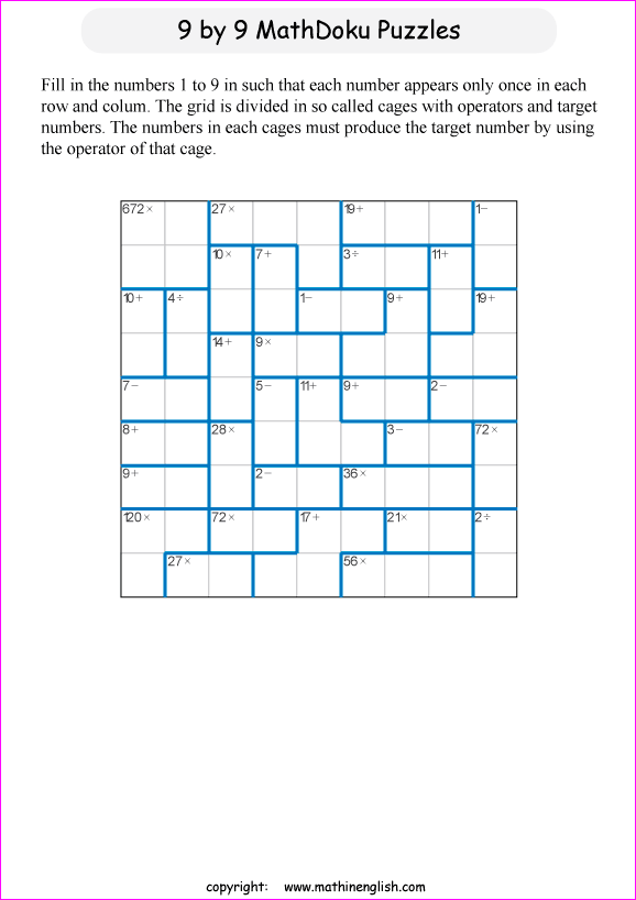 printable 9 by 9 mathdoku math operations puzzle for kids and math students