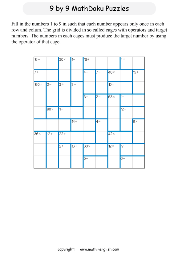 printable 9 by 9 mathdoku math operations puzzle for kids and math students