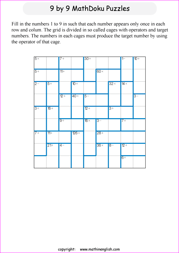 printable 9 by 9 mathdoku math operations puzzle for kids and math students