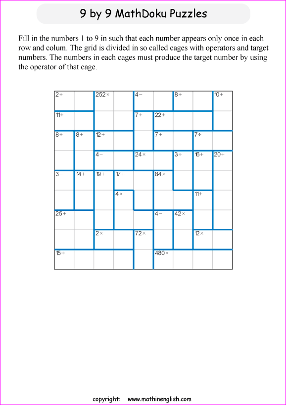 printable 9 by 9 mathdoku math operations puzzle for kids and math students