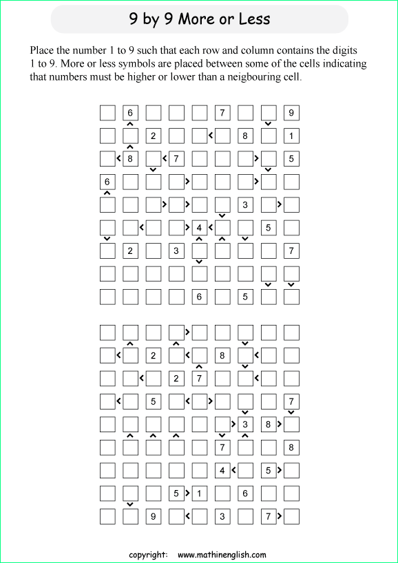 printable 9 by 9 More or Less math Sudoku for children