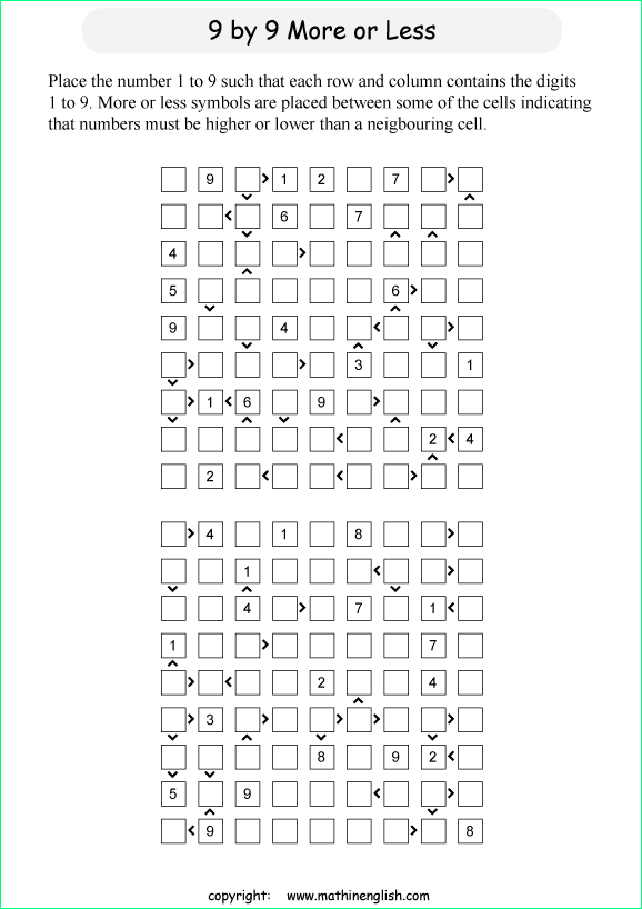 printable 9 by 9 More or Less math Sudoku for children