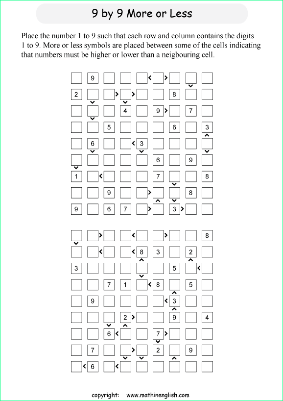 printable 9 by 9 More or Less math Sudoku for children