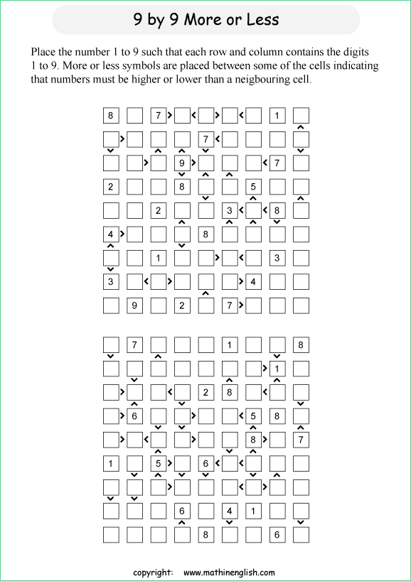 printable 9 by 9 More or Less math Sudoku for children