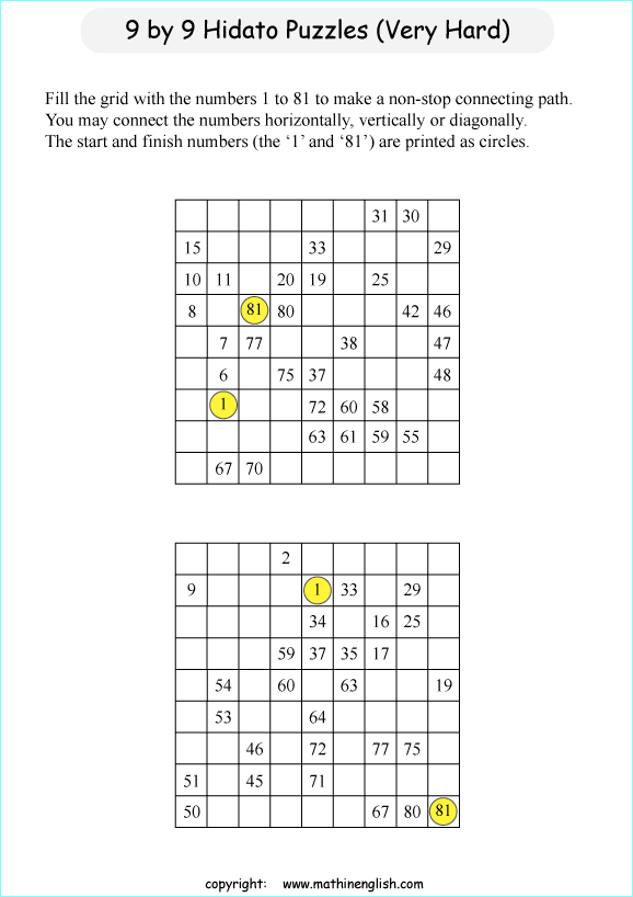 printable 9 by 9 Hidato logic IQ puzzle for kids