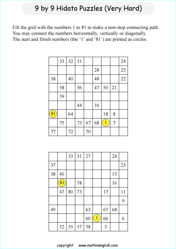 printable 9 by 9 Hidato logic IQ puzzle for kids