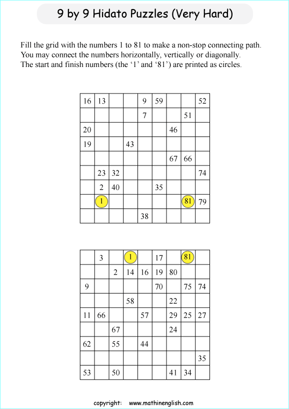 printable 9 by 9 Hidato logic IQ puzzle for kids