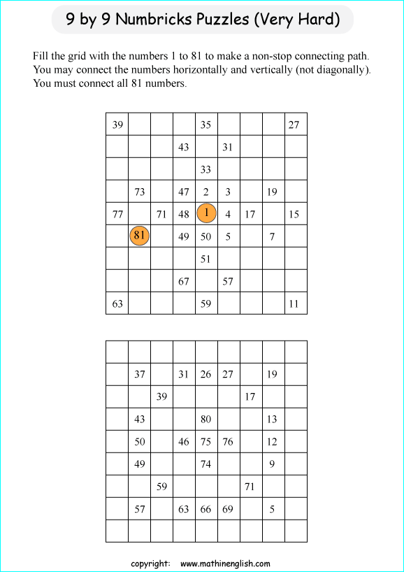 printable 9 by 9 Numbrix IQ number puzzle for kids