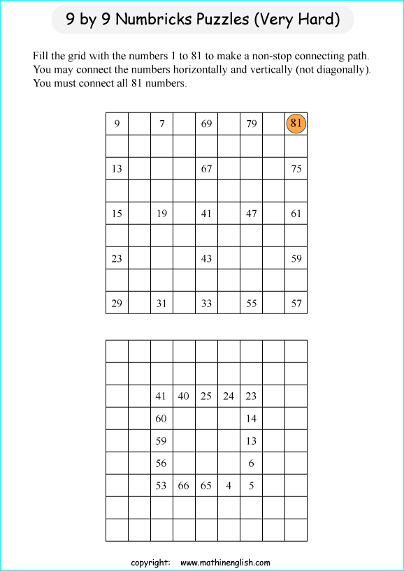 printable 9 by 9 Numbrix IQ number puzzle for kids