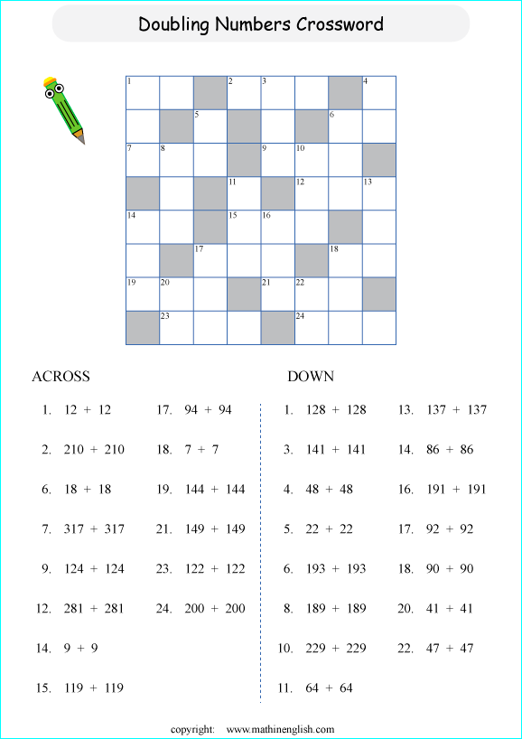 printable math crossword adding big numbers puzzle for kids