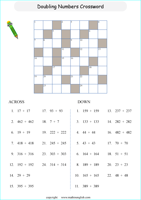 printable math crossword adding big numbers puzzle for kids