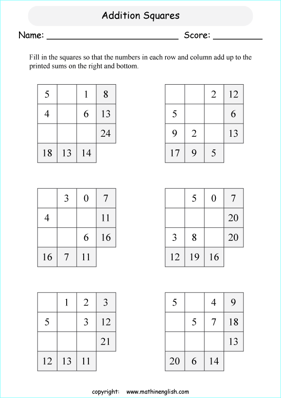 printable addition magic square puzzle for kids