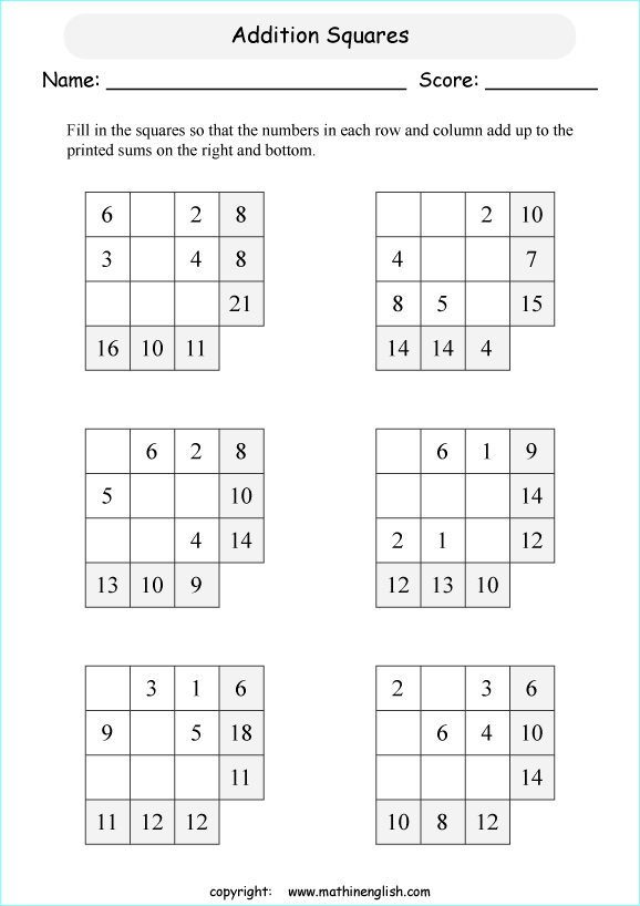 printable addition magic square puzzle for kids