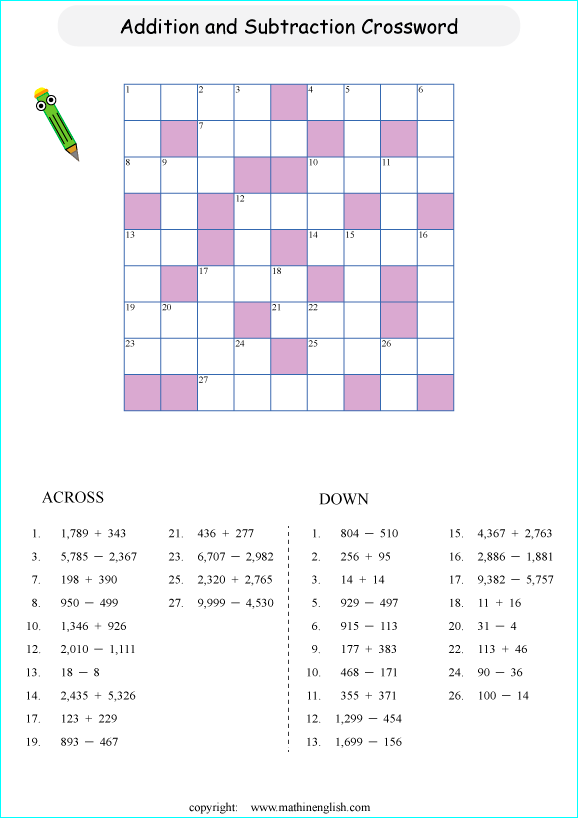 printable math crossword subtraction within 10,000 puzzle for kids