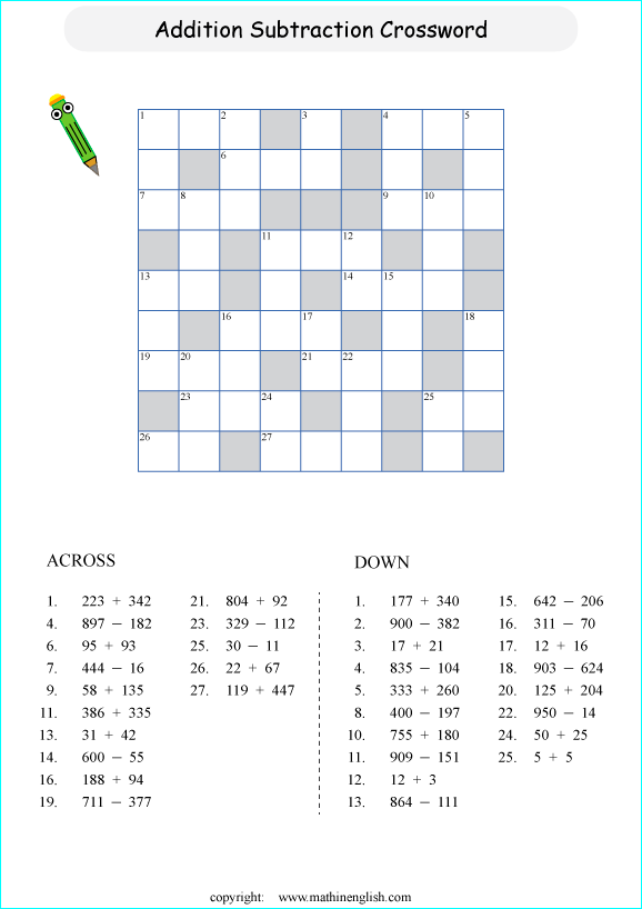 printable math crossword subtraction within 10,000 puzzle for kids