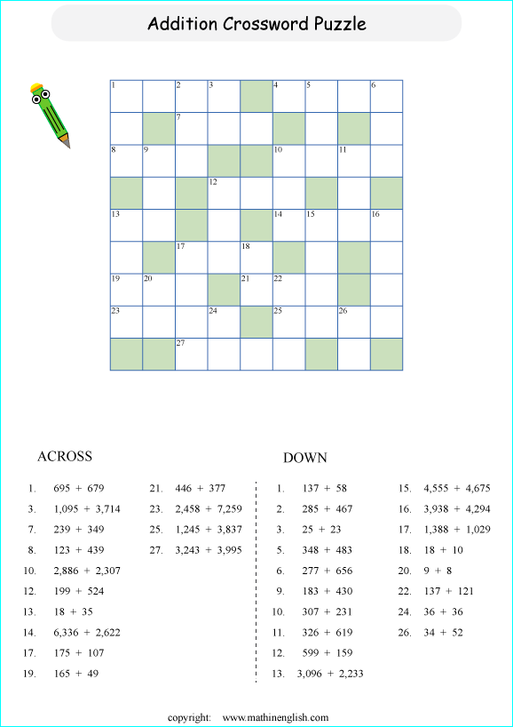 printable math crossword adding big numbers puzzle for kids