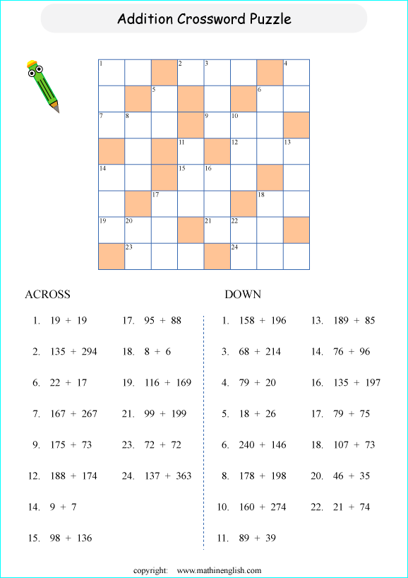 printable math crossword adding big numbers puzzle for kids