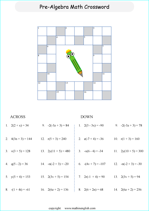 printable algebra crossword puzzle for kids