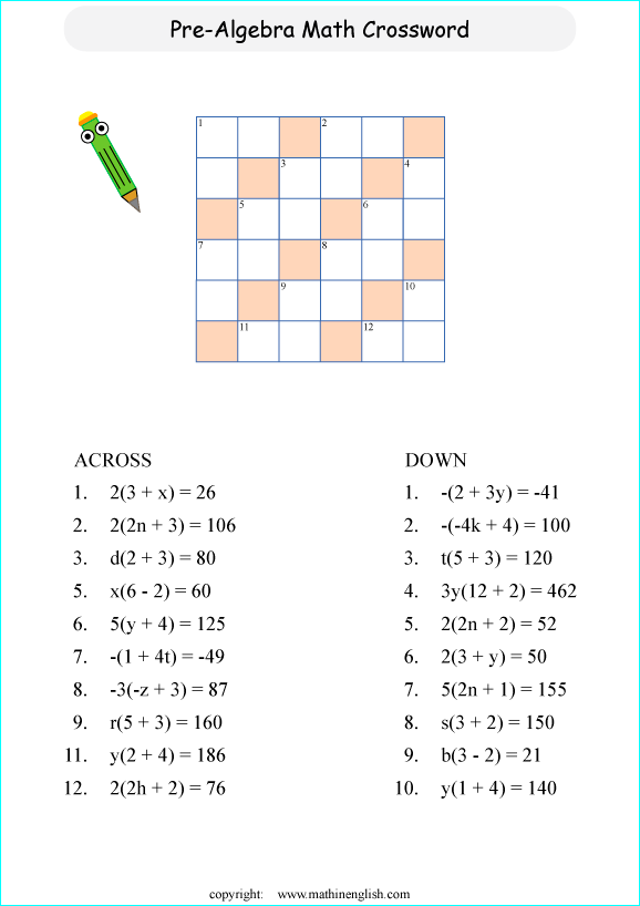 printable algebra crossword puzzle for kids