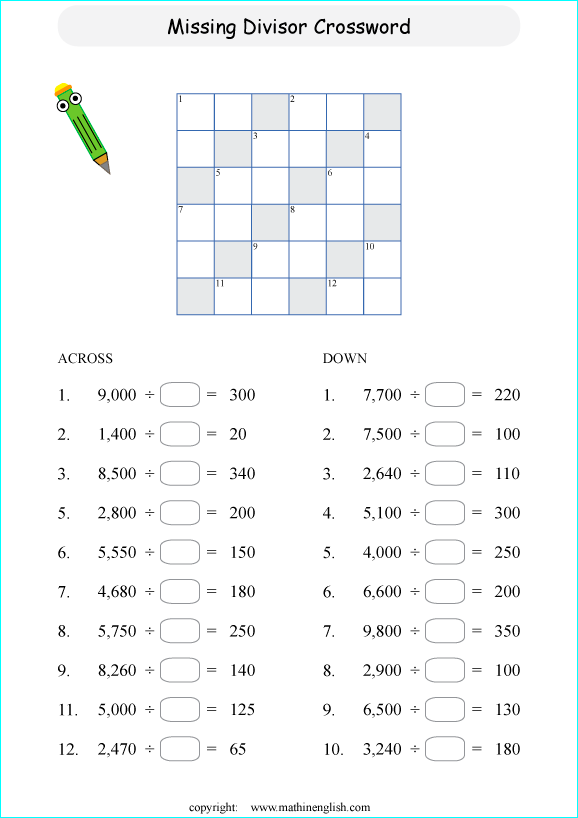 printable division crossword puzzle for kids