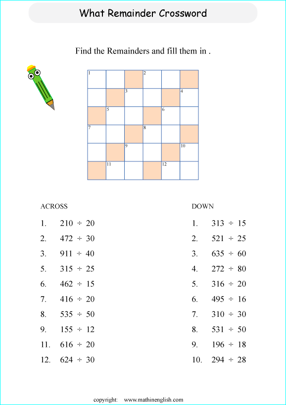 printable division crossword puzzle for kids