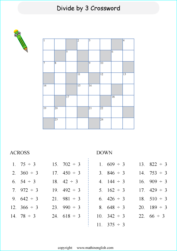 printable division crossword puzzle for kids