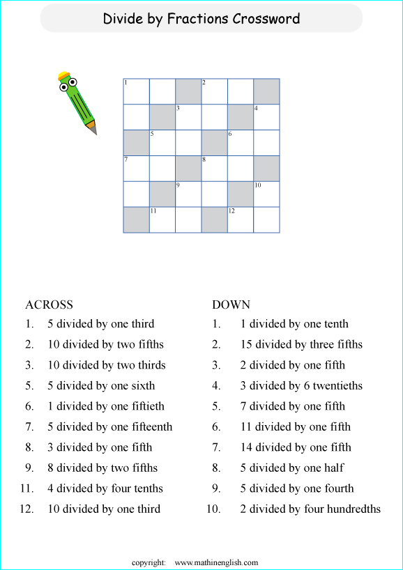 printable fractions and decimals crossword puzzle for kids