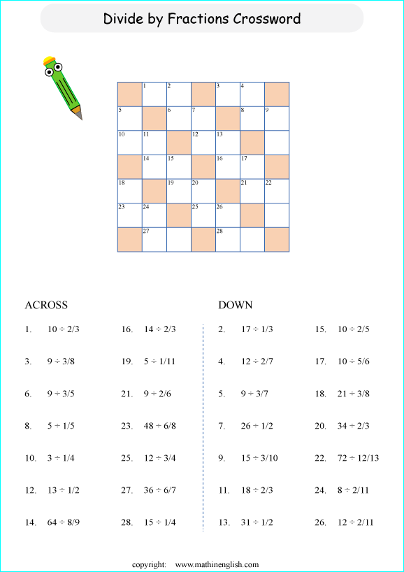 printable fractions and decimals crossword puzzle for kids