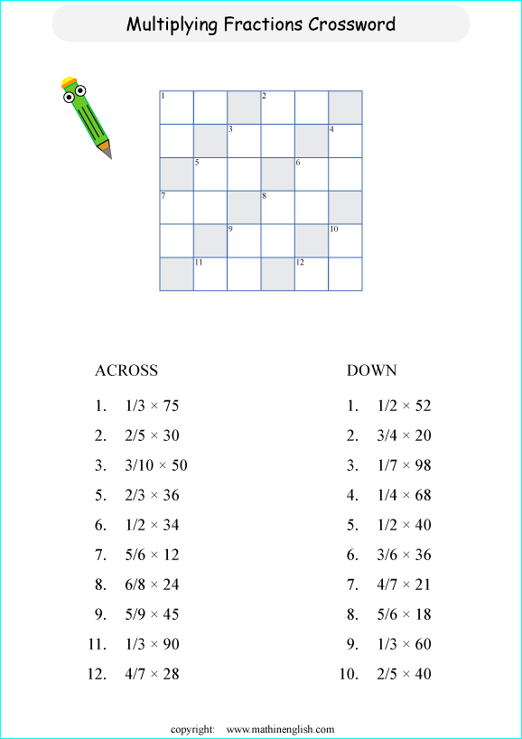 printable fractions and decimals crossword puzzle for kids