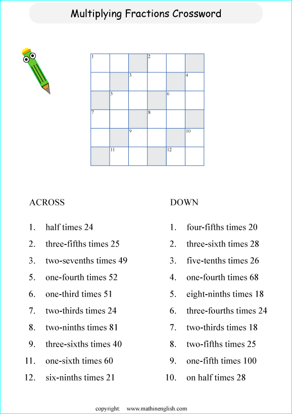 printable fractions and decimals crossword puzzle for kids