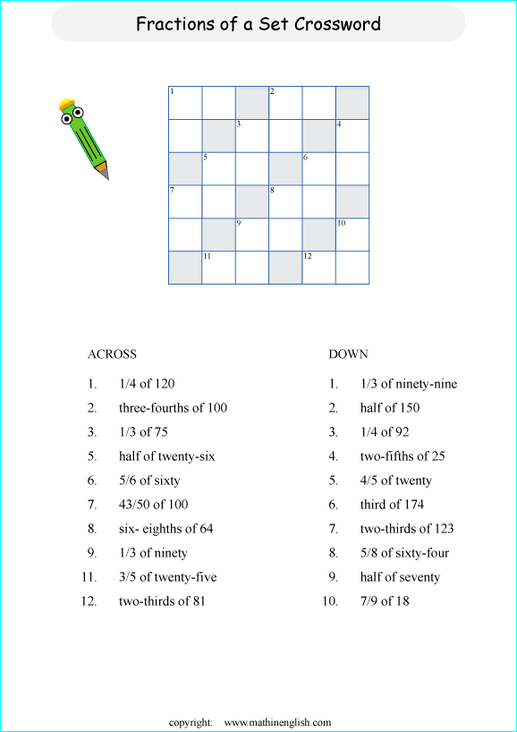 printable fractions and decimals crossword puzzle for kids