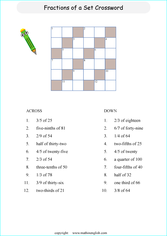 printable fractions and decimals crossword puzzle for kids