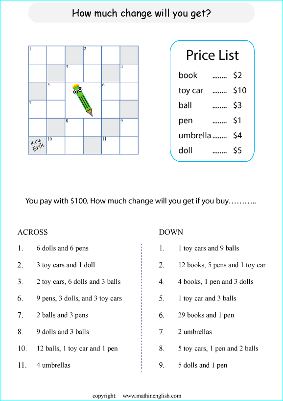 printable multiplication crossword puzzle for kids