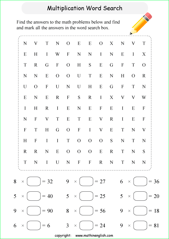 printable multiplication word search puzzles for kids