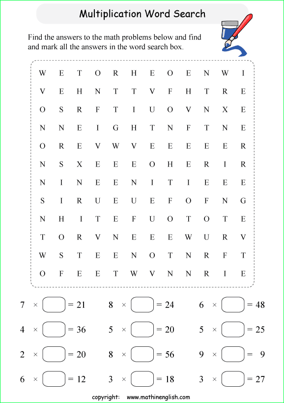 printable multiplication word search puzzles for kids