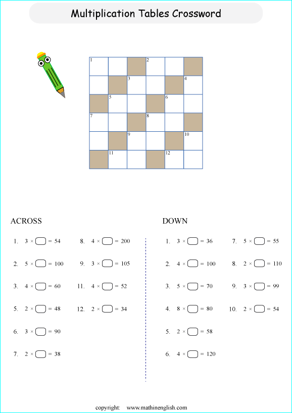 printable multiplication crossword puzzle for kids