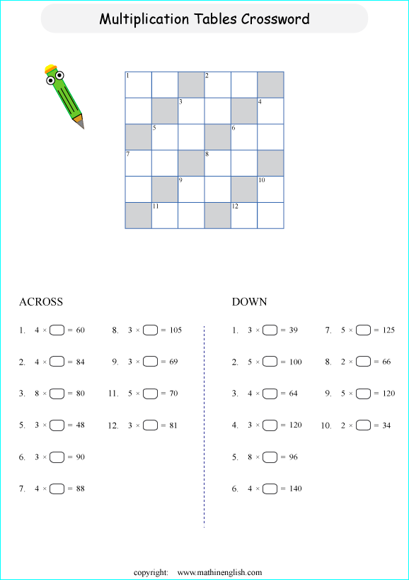 printable multiplication crossword puzzle for kids