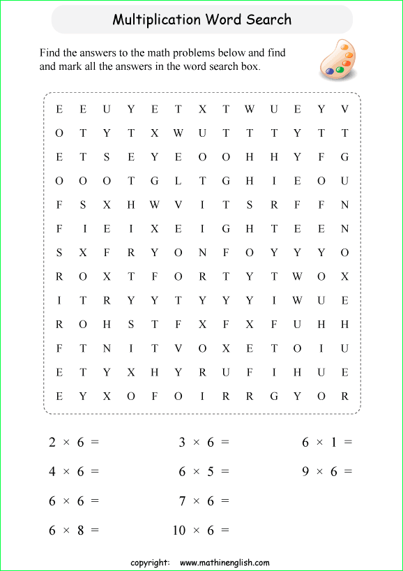 printable multiplication word search puzzles for kids