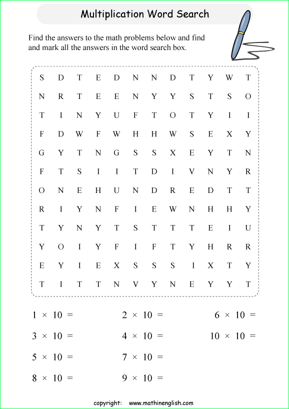 printable multiplication word search puzzles for kids