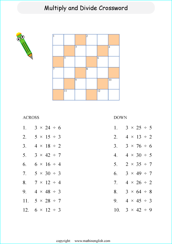 printable division crossword puzzle for kids