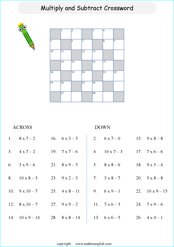 printable math crossword subtraction within 100 puzzle for kids