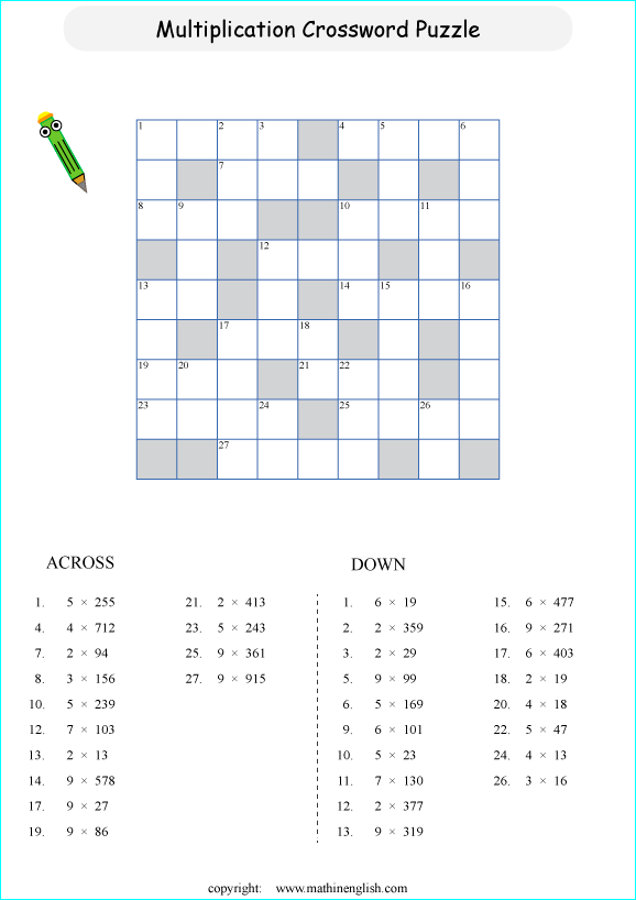 printable multiplication crossword puzzle for kids