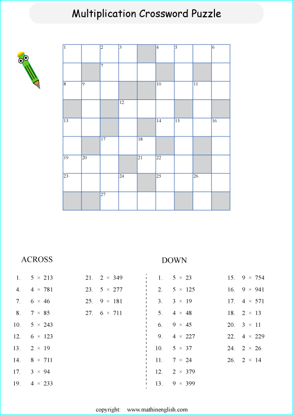 printable multiplication crossword puzzle for kids