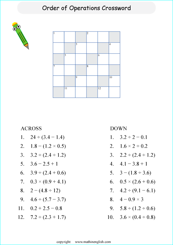 printable order of operations and BODMAS crossword puzzle for kids