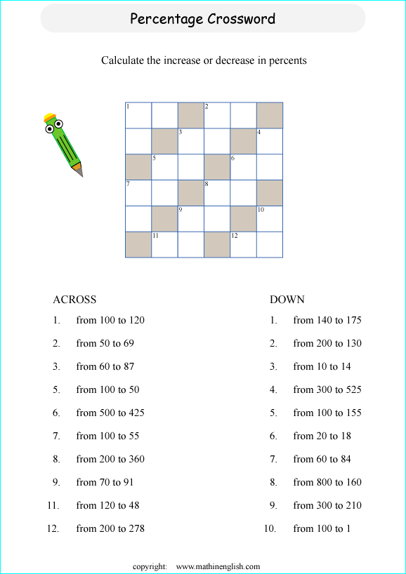 printable percentage crossword puzzle for kids