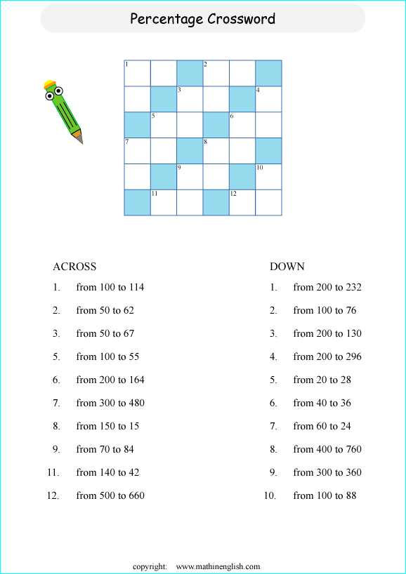 printable percentage crossword puzzle for kids