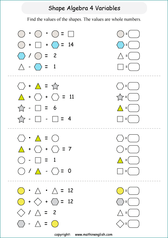 printable Shape Algebra math and IQ puzzle