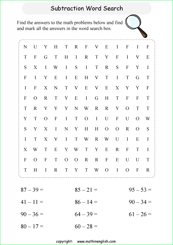 printable subtraction word search puzzles for kids