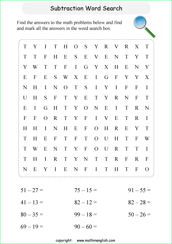 printable subtraction word search puzzles for kids