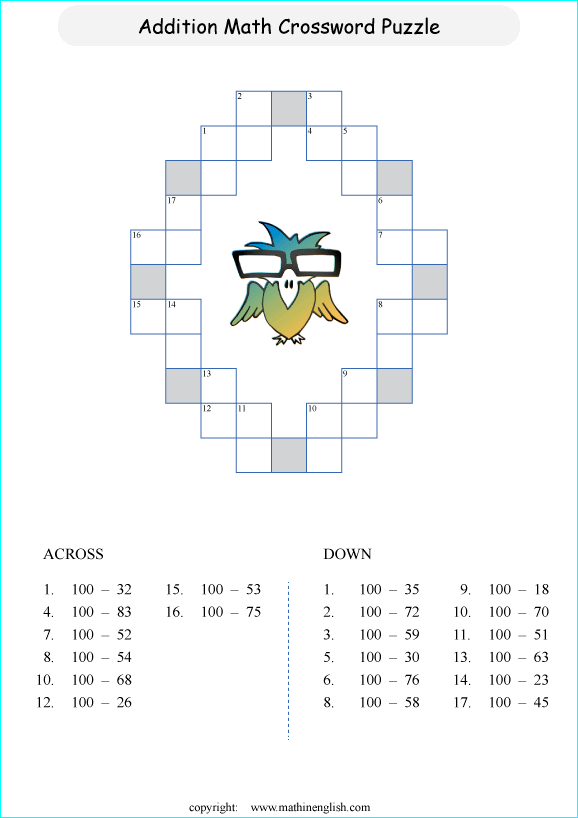 printable math crossword subtraction within 100 puzzle for kids